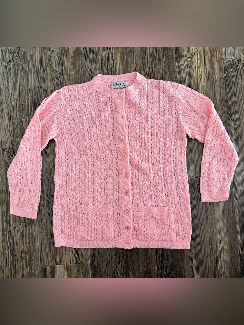Vtg Chelsea Way by Naomi Bee Cable-Knit Cardigan Sweater M Pink Cottage Grandma